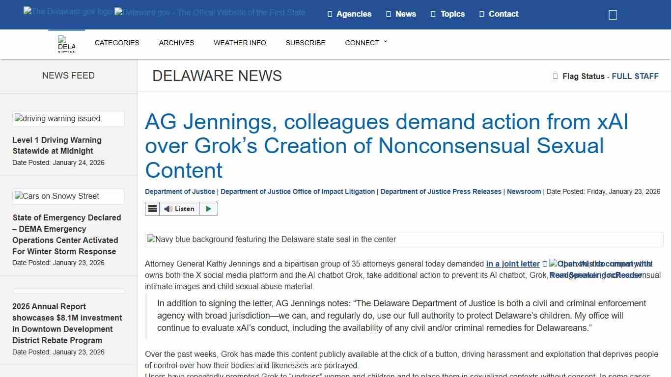 AG Jennings, colleagues demand action from xAI over Grok’s Creation of Nonconsensual Sexual Content - State of Delaware News