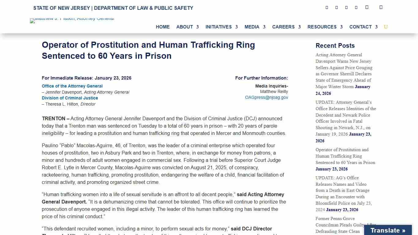 Operator of Prostitution and Human Trafficking Ring Sentenced to 60 Years in Prison - New Jersey Office of Attorney General